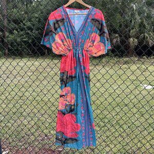 World Market Mira Floral Maxi Kaftan Dress Size S/M V-Neck Boho